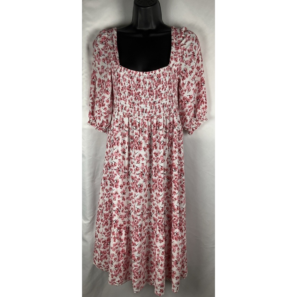 Anthropologie Kindred Size M Floral Dress Knee Length Puff Sleeve Peasant Boho‎